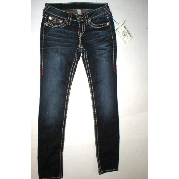 New Womens True Religion Brand Jeans Dark Blue 26 NWT Super T Skinny Flap White - Picture 7 of 11